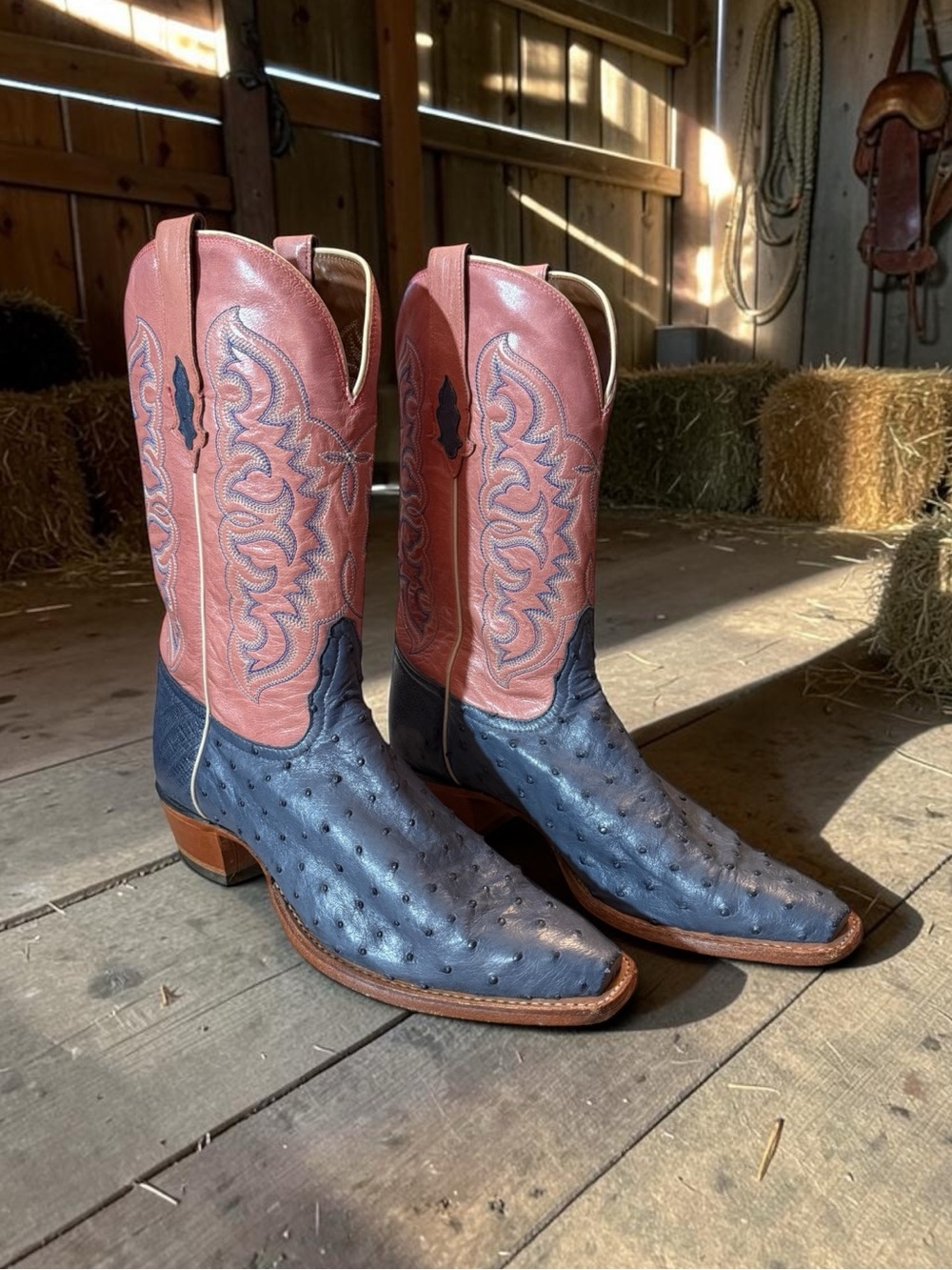 Vintage Tony Lama Denim Blue Ostrich & Pink Goat Cowboy Boots 1239-L, size 9.5 B